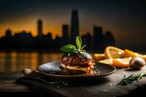 a plate with food and a city skyline in the background. AI-Generated photo