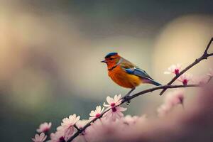 a colorful bird sits on a branch with pink flowers. AI-Generated photo