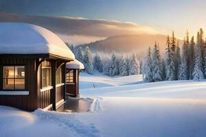 un cabina en el nieve con un Dom ajuste detrás él. generado por ai foto