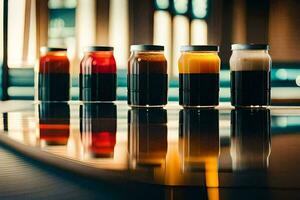 a row of beer bottles lined up on a table. AI-Generated photo