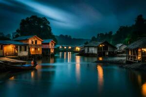 a boat sits on the water at night next to a village. AI-Generated photo