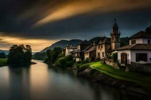 photo wallpaper the sky, river, mountains, house, sunset, the village, river, the. AI-Generated