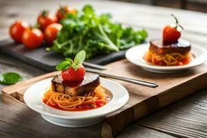 two plates with spaghetti and meat on a wooden table. AI-Generated photo