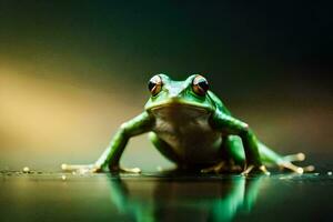 un rana sentado en el suelo con un verde antecedentes. generado por ai foto