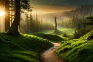 un camino mediante un verde bosque con arboles y césped. generado por ai foto