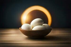 huevos en un cuenco en un mesa con un anillo de ligero. generado por ai foto