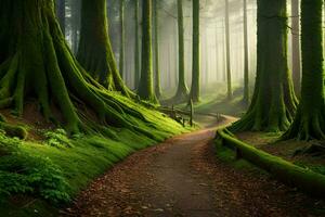 a path through a forest with green trees. AI-Generated photo
