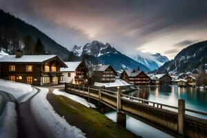 un Nevado montaña pueblo con casas y un río. generado por ai foto