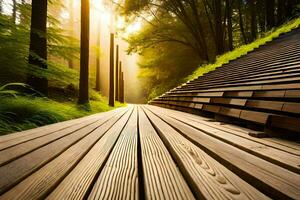 a wooden walkway in the woods with sun shining. AI-Generated photo