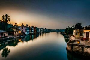 el Dom conjuntos terminado un río en India. generado por ai foto