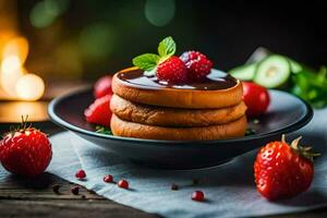 pancakes with chocolate sauce and berries on a plate. AI-Generated photo