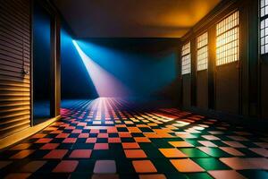 a room with a checkered floor and light shining through. AI-Generated photo
