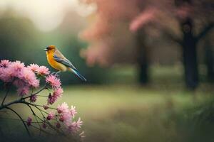 photo wallpaper the bird, flowers, spring, the park, the trees, the flowers, the. AI-Generated