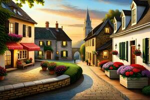 photo wallpaper the sky, street, flowers, houses, sunset, the village, the town,. AI-Generated