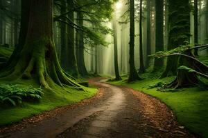 un camino mediante un verde bosque con arboles y césped. generado por ai foto