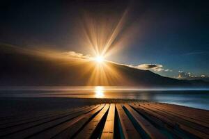 the sun shines over a wooden dock on the beach. AI-Generated photo