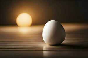 an egg sitting on a table with a light behind it. AI-Generated photo