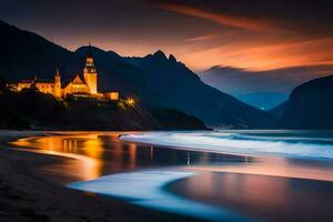 a beautiful sunset over a beach and a castle. AI-Generated photo