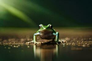 a frog sitting on the ground with a green background. AI-Generated photo