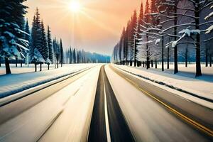 a snowy road with trees and sun in the background. AI-Generated photo