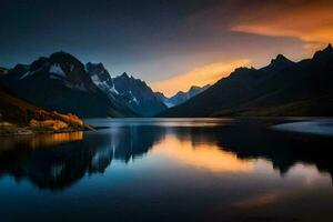 el montañas son reflejado en el agua a puesta de sol. generado por ai foto