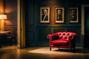 a red chair sits in front of a painting of a man. AI-Generated photo