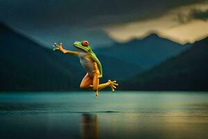 a frog jumping into the air in front of a lake. AI-Generated photo