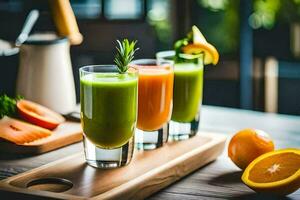 three different types of juices on a wooden tray. AI-Generated photo