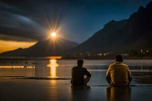 dos personas sentado en el playa a puesta de sol. generado por ai foto