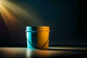 a blue and yellow bucket sitting on a table. AI-Generated photo