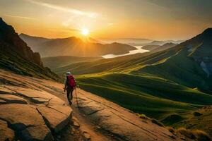 un hombre excursionismo arriba un montaña a puesta de sol. generado por ai foto