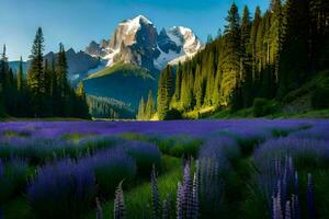 a field of lavender flowers and mountains in the background. AI-Generated photo