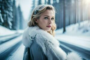 a beautiful blonde woman in a fur coat standing on a snowy road. AI-Generated photo