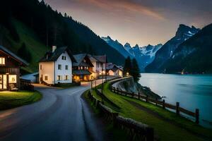 photo wallpaper the sky, mountains, lake, road, house, the mountains, the lake,. AI-Generated