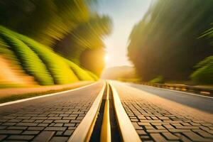 motion blur of a road with trees and sun. AI-Generated photo