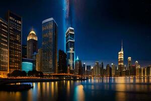 el ciudad horizonte a noche con luces reflejando apagado el agua. generado por ai foto