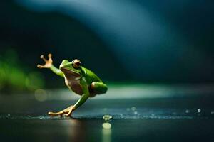 a frog jumping on the ground. AI-Generated photo