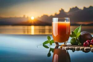 a glass of juice with fruits and vegetables on the table. AI-Generated photo