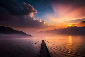 un muelle en el medio de un lago con un puesta de sol. generado por ai foto