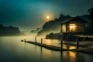 photo wallpaper the moon, water, the night, the river, the house, the dock,. AI-Generated