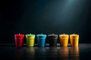 a row of colorful cups with candles in them. AI-Generated photo