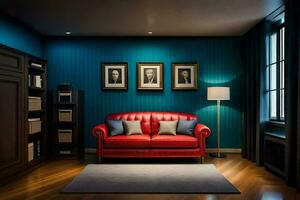 a red couch in a room with blue walls. AI-Generated photo