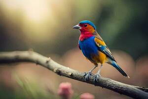 a colorful bird sits on a branch in the sun. AI-Generated photo