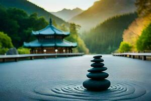 a stack of rocks in the middle of a lake. AI-Generated photo