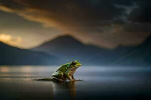 a frog sitting on the edge of a lake with mountains in the background. AI-Generated photo