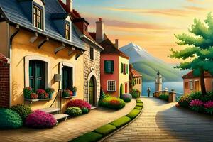 a painting of a street in a village. AI-Generated photo