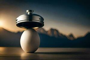 a white egg sitting on top of a table. AI-Generated photo