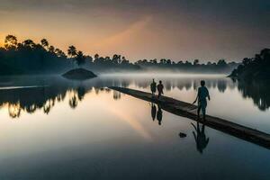 people walking on a wooden bridge in the middle of a lake. AI-Generated photo