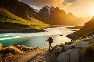 el hombre es excursionismo en el montañas a puesta de sol. generado por ai foto