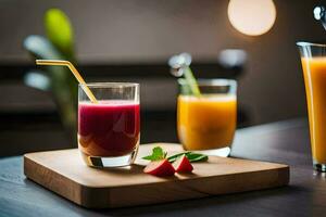 two glasses of juice sit on a wooden table. AI-Generated photo